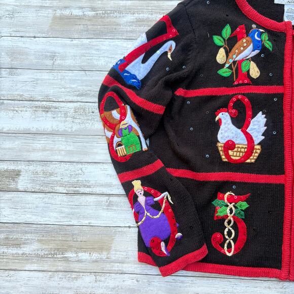 VTG Heirloom Collectables Christmas Sweater PXL Ramie Black Red 12 Days Full Zip - Picture 9 of 11